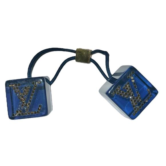 AUTH Louis Vuitton Dark Blue Lucite LV Rhinestone Logo Jumbo XL Hair Tie Cubes main image 15